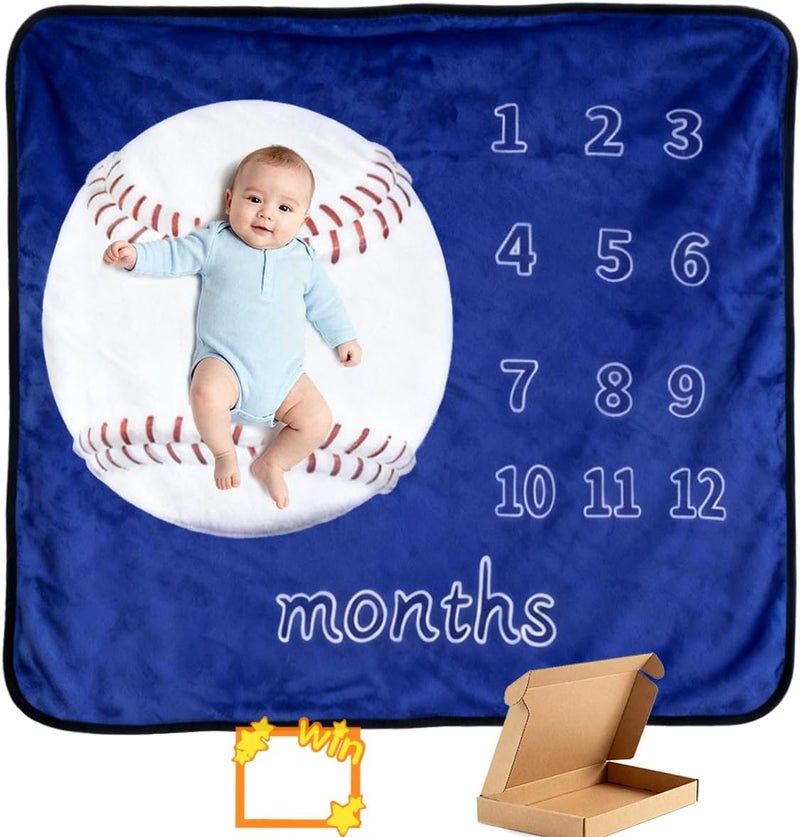 JIX SDFFAY Baby Monthly Milestone Blanket Baseball Month Blanket for Newborn Boys & Girls, Soft Flannel Mat with Photo Prop for Baby Shower, Neutral 45x40 Inches - Image 1